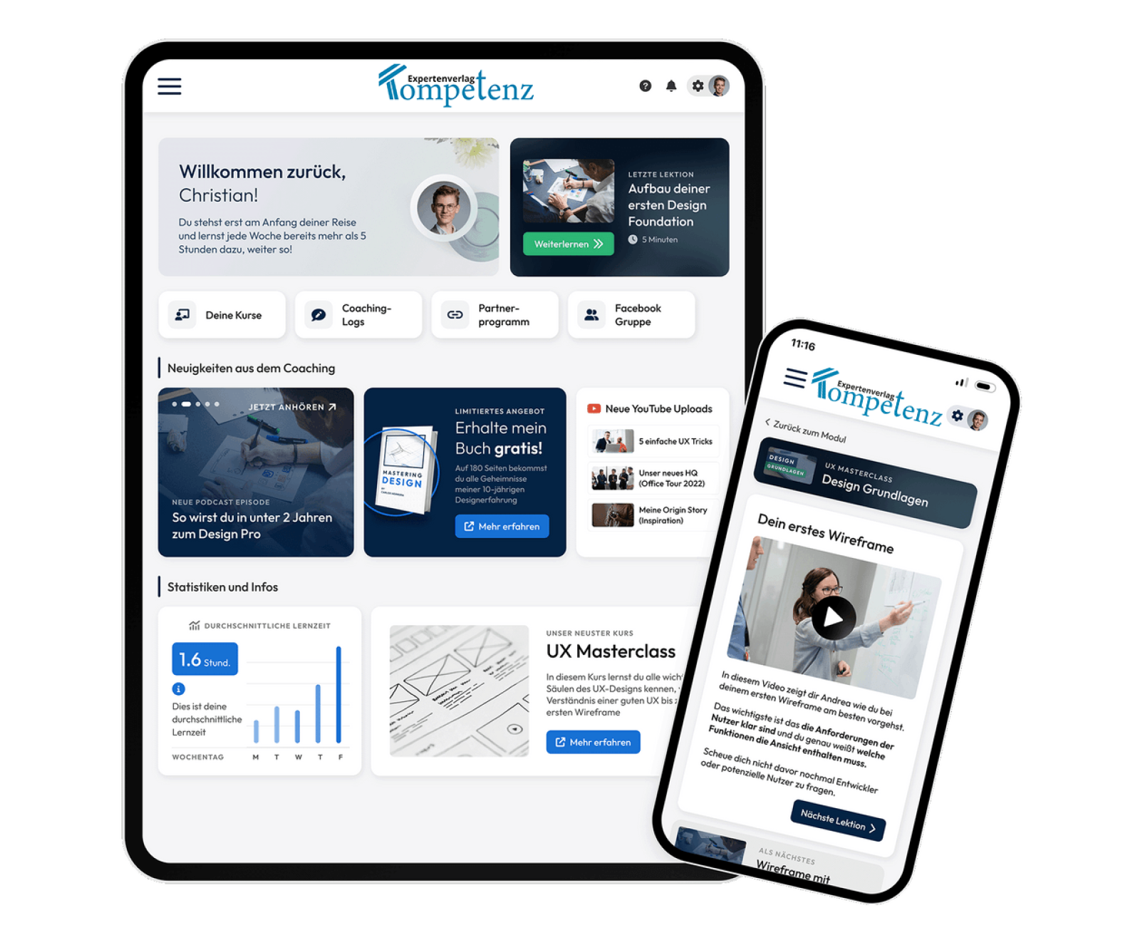 Tablet und Smartphone mit geöffnetem Startscreen der Lernplattform von Kompetenz – Der Expertenverlag